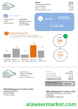 USA Vermont Green Mountain Power electricity business utility bill in Word and PDF formats